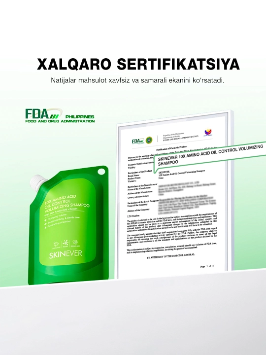 SKINEVER Shampuni: 10X Aminokislotali hajm va yog'lilikka qarshi formula, 200 ml