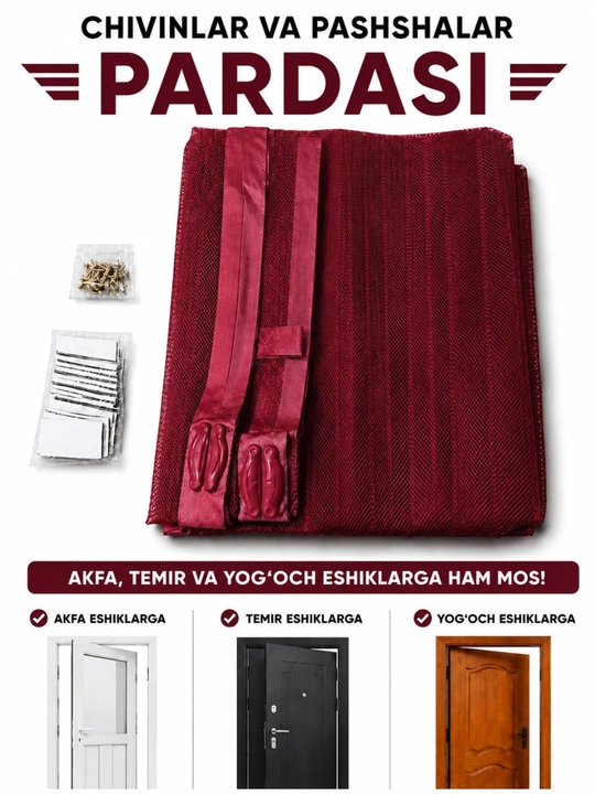 Magnitli eshik pardasi, chang va hasharotlardan himoya qiladi, yopishqoqligi bor