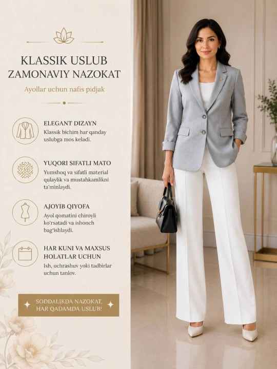 Ayollar kostyumi, klassik ayollar pidjagi, zamonaviy uslub - 