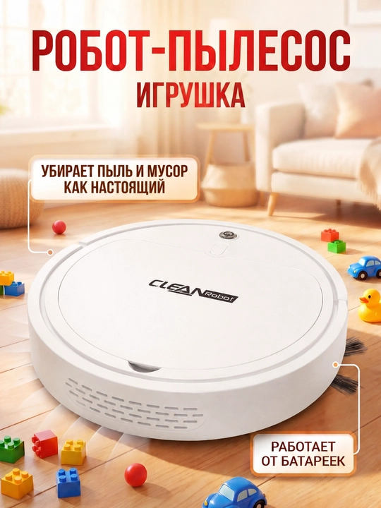 Oq rangli "Kichik yordamchi" pol tozalovchi o‘yin roboti, nasadkalar va tovush effektlari bilan - 