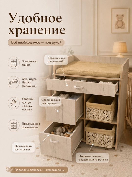 Пеленальный стол для младенцев AIKO Aphelia, непромокаемый матрас и 2 корзины в комплекте
