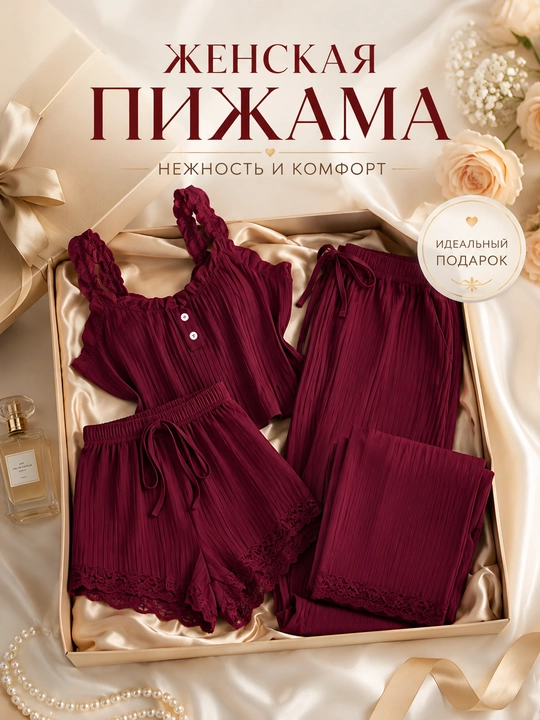 Ayollar pijamasi, 3 ta 1 da, tungi pijama - 