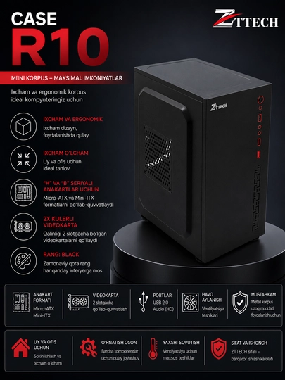 Компьютерный корпус ZTTECH R10 mini tower (Micro-ATX / Mini-ITX), черный