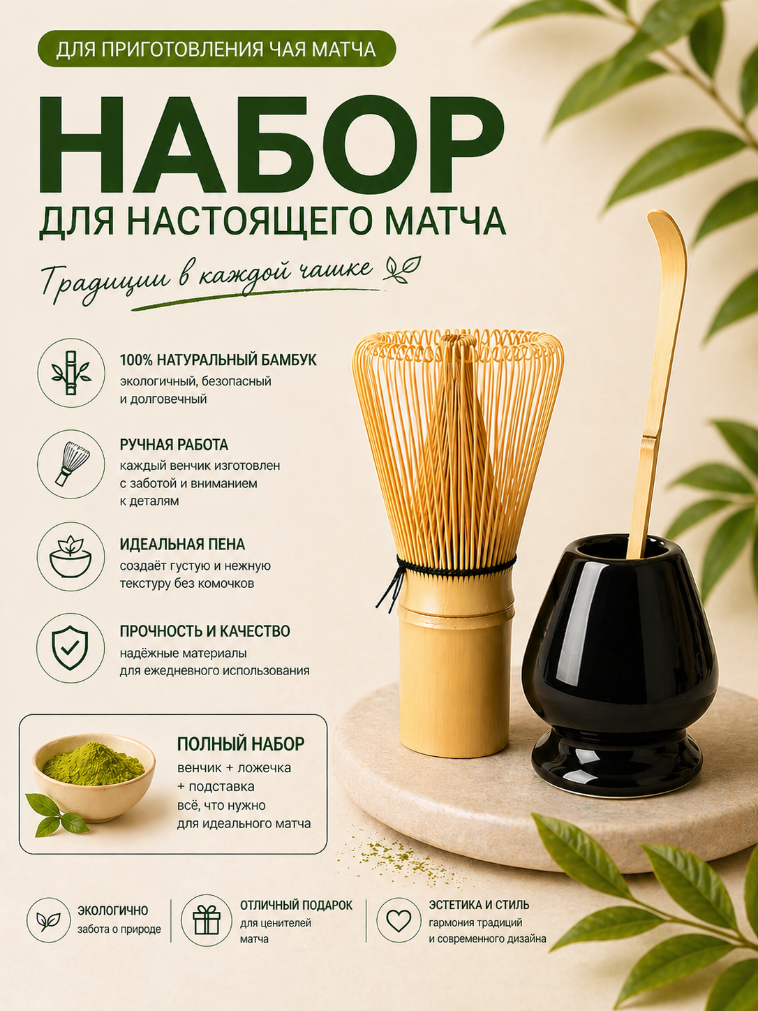 Набор для приготовления чая матча, 3 предмета в наборе, венчик для матча - 