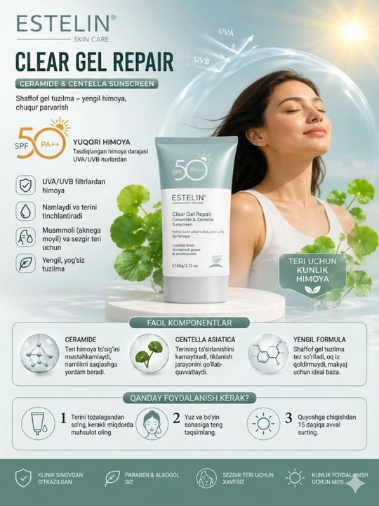 Yuz va tana uchun Estelin SPF 50++ namlantiruvchi quyoshdan himoyalovchi krem - 