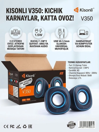 Колонки для компьютера, USB колонки, мини колонки, Kisonli V350,V400, акустика - 