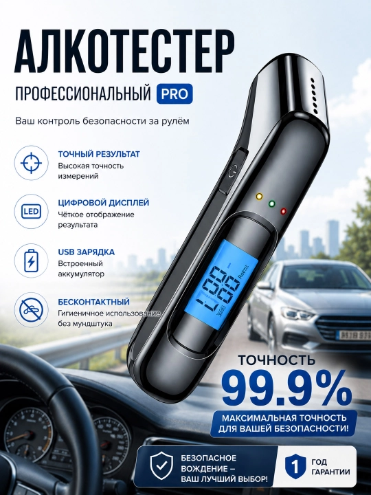 Профессиональный цифровой алкотестер с высокоточным датчиком - 
