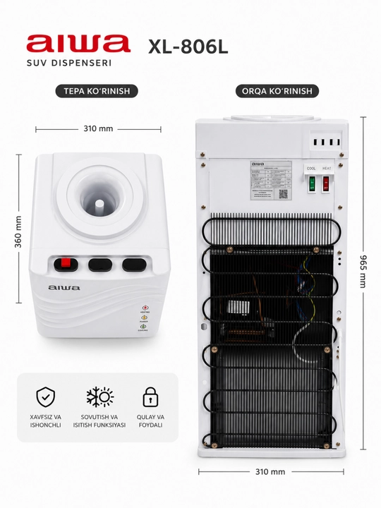 Диспенсер для воды AIWA XL-806L – Горячая и Холодная Вода, Компрессорное Охлаждение