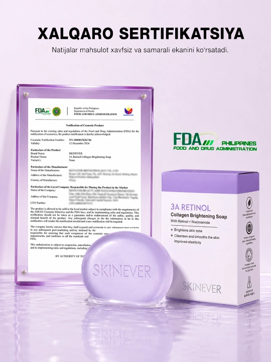 Yuz va tana uchun SKINEVER sovuni, retinol, kollagen, niatsinamid bilan, tiniqlashtiruvchi