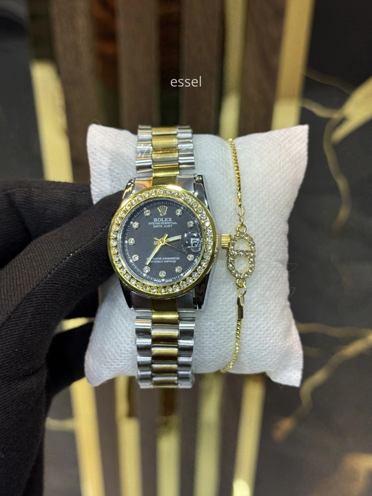 Женские наручные часы Rolex Datejust, безель с камнями, кварцевые, браслет в подарок - 