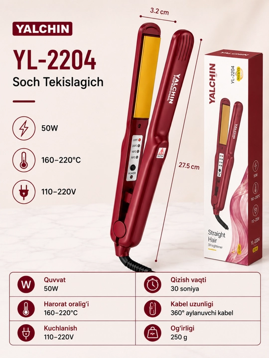 Утюжок для Волос YALCHIN YL-2204, Для Выпрямления и Создания Волн, 50W