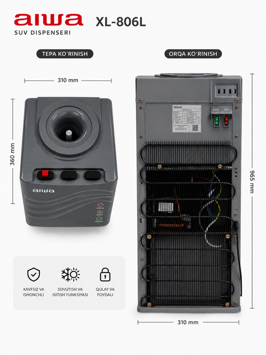 Кулер для воды Aiwa XL-806L – , горячая и холодная вода, компрессорное охлаждение, 19 л