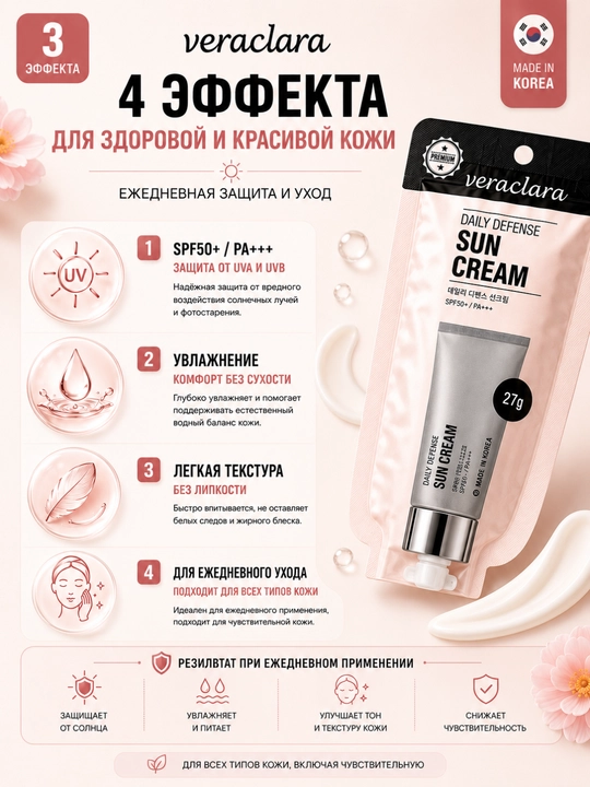 Quyoshdan himoya kremi Veraclara Daily Defense, SPF50+, PA+++, 27 g