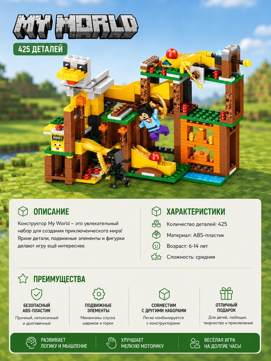 My World konstruktori 425 detal, bolalar uchun blokli konstruktor