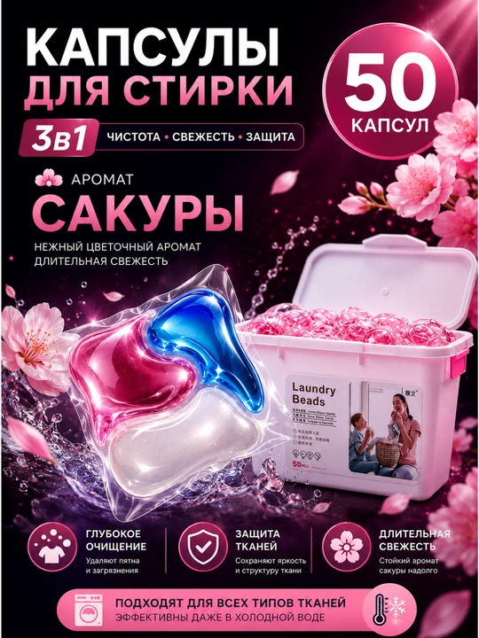 Капсулы для стирки 5 в 1, глубокое очищение и стойкий аромат - 