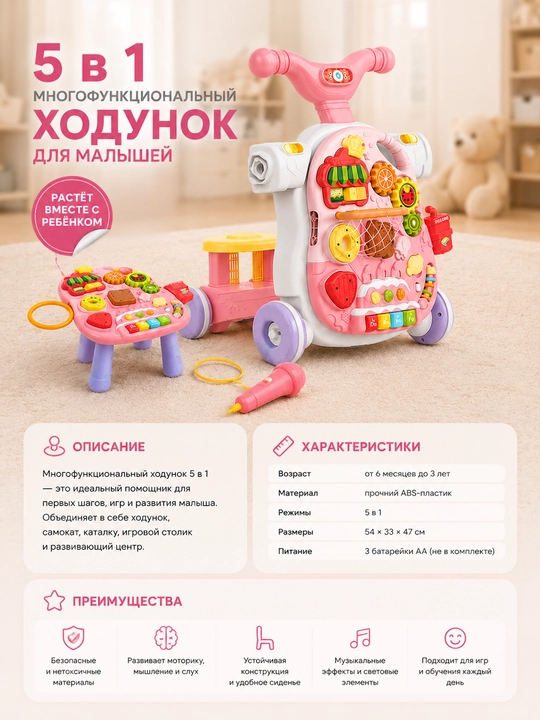 Многофункциональные детские ходунки 5 в 1 для малышей