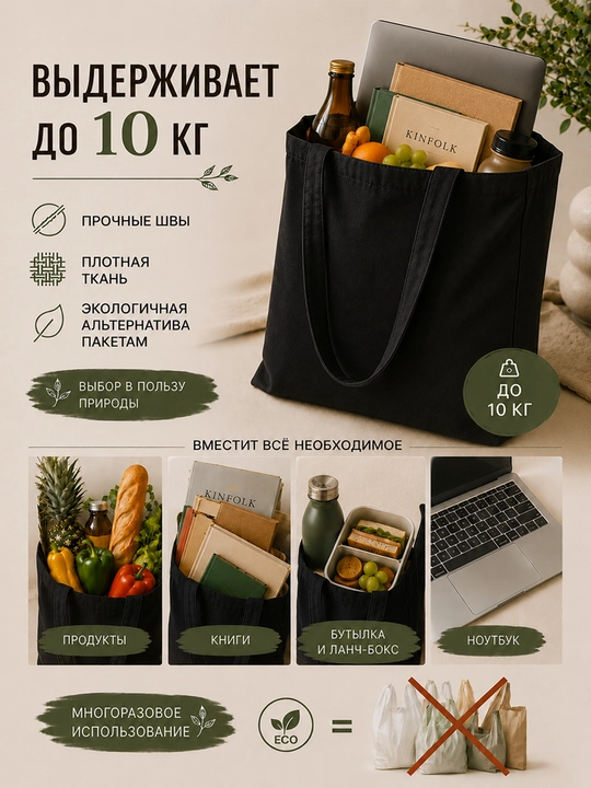 Универсальная сумка-шопер 36x40 см, 2 цвета: черный и белый, набор 1, 2 или 3 штуки