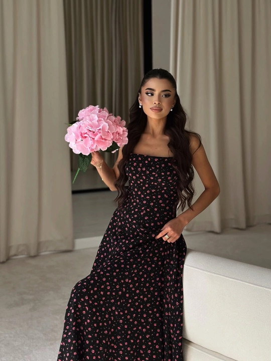 Ayollar uchun uzun kechki ko'ylak, selen mato, toshli dizayn, S-XL, qora