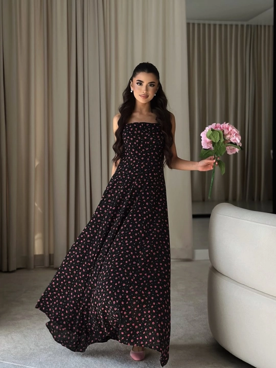 Ayollar uchun uzun kechki ko'ylak, selen mato, toshli dizayn, S-XL, qora