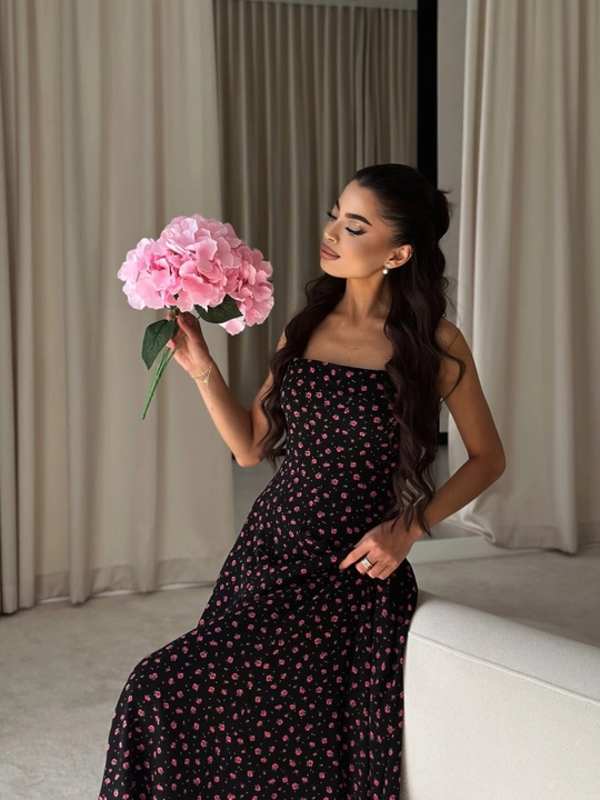Ayollar uchun uzun kechki ko'ylak, selen mato, toshli dizayn, S-XL, qora