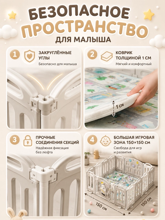 Детский манеж 150x150 см с ковриком 1 см, безопасная игровая зона для дома
