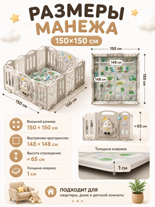Детский манеж 150x150 см с ковриком 1 см, безопасная игровая зона для дома