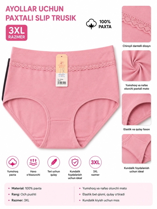 Ayollar paxtadan tikilgan to‘rli slip-trusi, baland bichimli, M-XL standartida - 