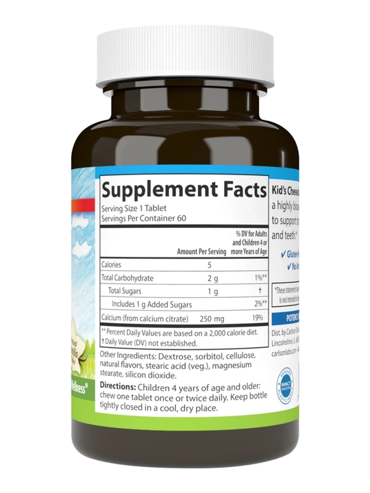 Жевательный кальций для детей, Carlson, Kids Chewable Calcium, 60 таблеток, США