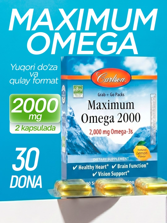 Omega 3, Carlson, Maximum Omega, limon ta'mi, 2000 mg, 30 ta kapsula, AQSH - 