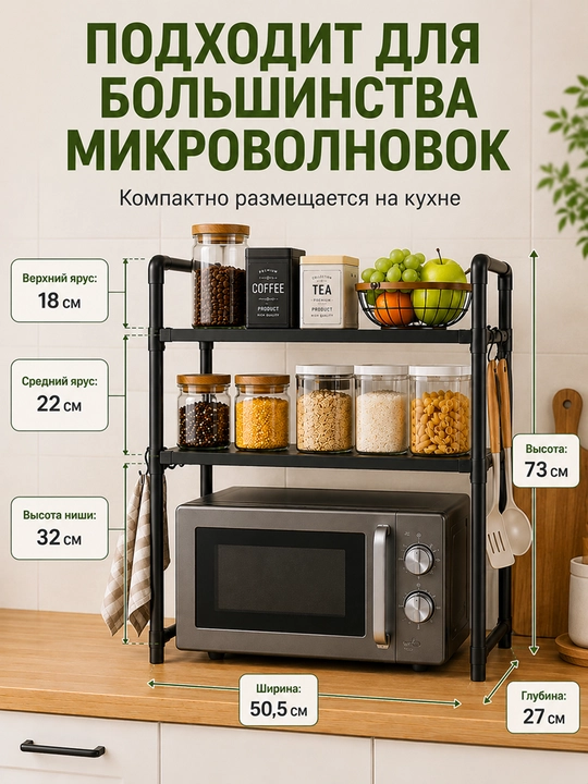 Полка для микроволновки металлическая, органайзер для кухни, стеллаж, черная