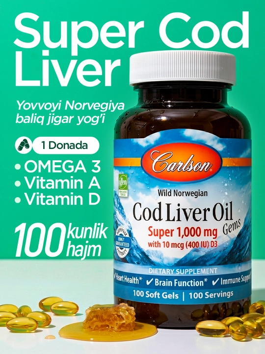 Жир из печени трески, Carlson, Super Cod Liver Oil Gems, 1000 мг, 100 капсул, США - 