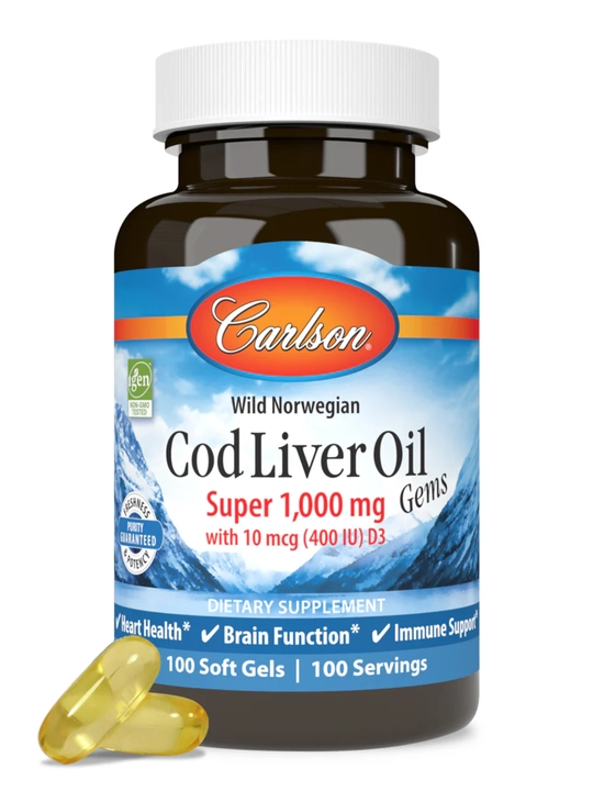 Жир из печени трески, Carlson, Super Cod Liver Oil Gems, 1000 мг, 100 капсул, США