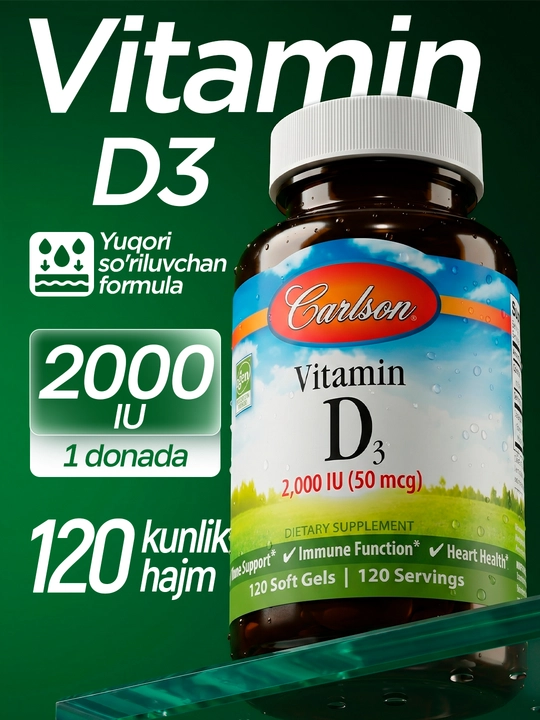 Vitamin D3, Carlson, 2000 IU (50 mkg), 120 ta kapsula, AQSH - 