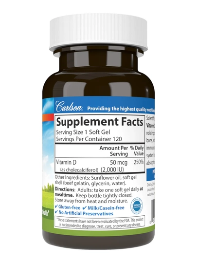 Витамин D3, Carlson, Vitamin D3, 2000 МЕ (50 мкг), 120 капсул, США
