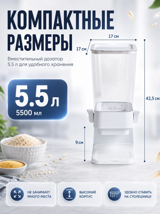 Кухонный контейнер для хранения 5.5 литр, дозатор для хлопьев, органайзер белого цвета