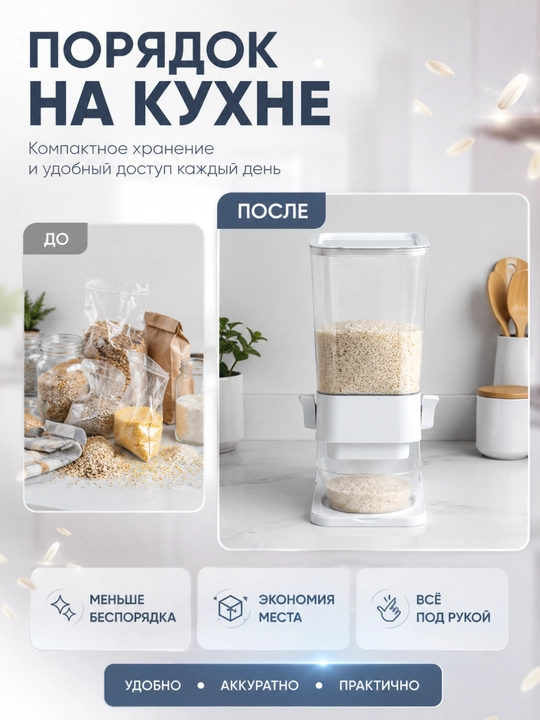 Кухонный контейнер для хранения 5.5 литр, дозатор для хлопьев, органайзер белого цвета