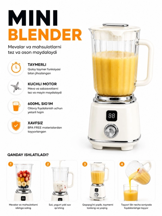 Mini blender 600ml taymerli blender meva maydalagich smuzi blender - 