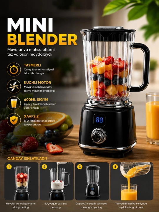 Mini blender 600ml taymerli blender meva maydalagich smuzi blender - 