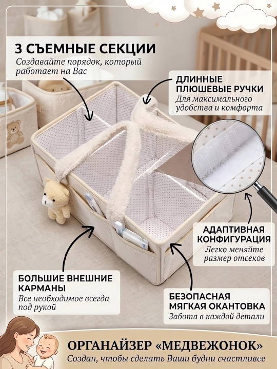 Сумка-органайзер для мам тканевая плюшевая, для подгузников и детских вещей, с мишкой