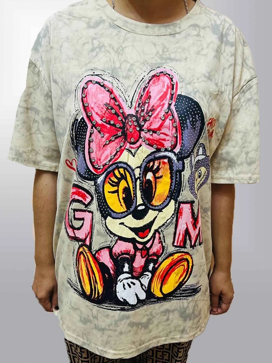 Minnie Mouse printli va straza toshli oversize futbolka, "varenka" uslubida - 