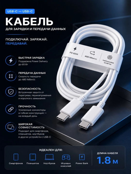 Кабель USB-C → USB-C для быстрой зарядки, зарядка, прочная оплётка умный чип длина 1.8 м