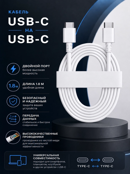 Кабель USB-C → USB-C для быстрой зарядки, зарядка, прочная оплётка умный чип длина 1.8 м - 