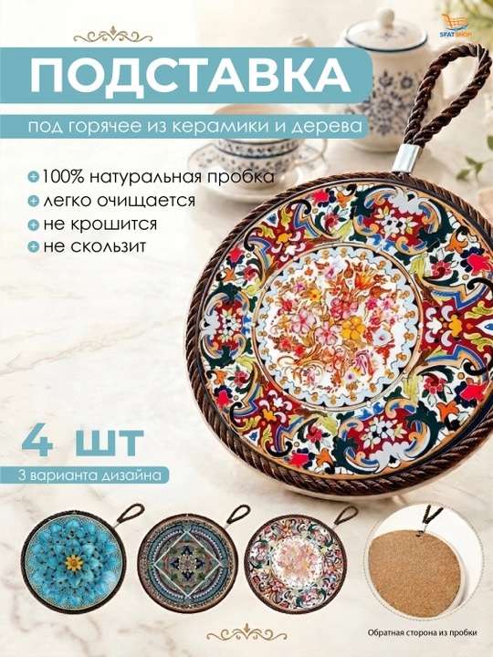 Issiq idishlarga keramik taglik oshxona uchun, milliy naqshli tagkursi 1/2/4 talik toʻplam - 