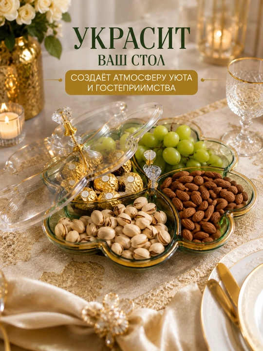 Конфетница с крышкой 4 отделений, менажница для конфет, печенья, орехов