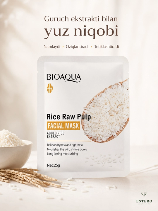 BIOAQUA Rice Raw Pulp — увлажняющая тканевая маска для лица, с рисовым экстрактом 