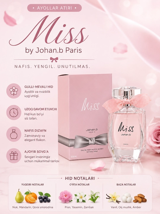 Женский парфюм Miss by Johan.b Paris Eau de Parfum, нежный цветочно-фруктовый аромат,85 мл - 