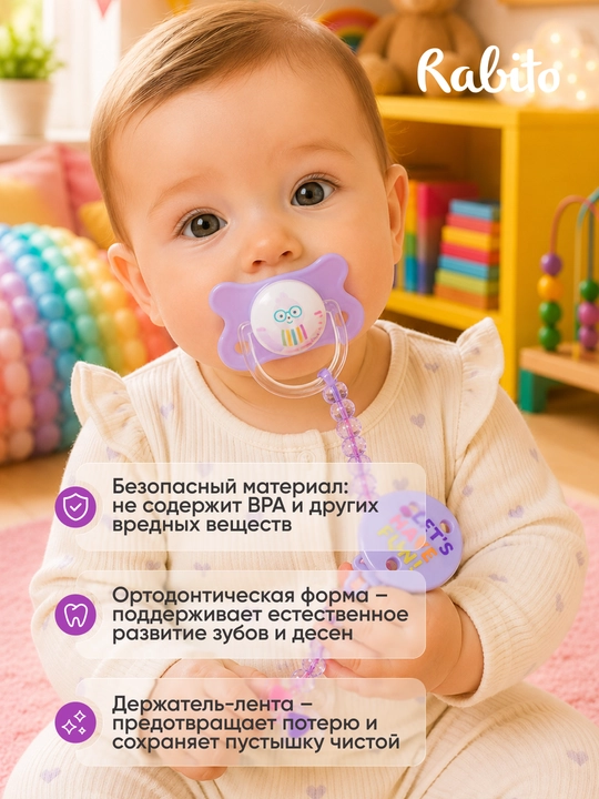 Rabito bolalar ortodontik so'rg'ichi tasmali ushlagich va qopqoq bilan, soska 0+
