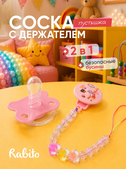 Rabito bolalar ortodontik so'rg'ichi tasmali ushlagich va qopqoq bilan, soska 0+ - 