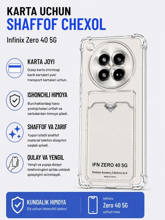 Infnix Zero 30,Zero 40 uchun karta bo‘limiga ega g‘ilof