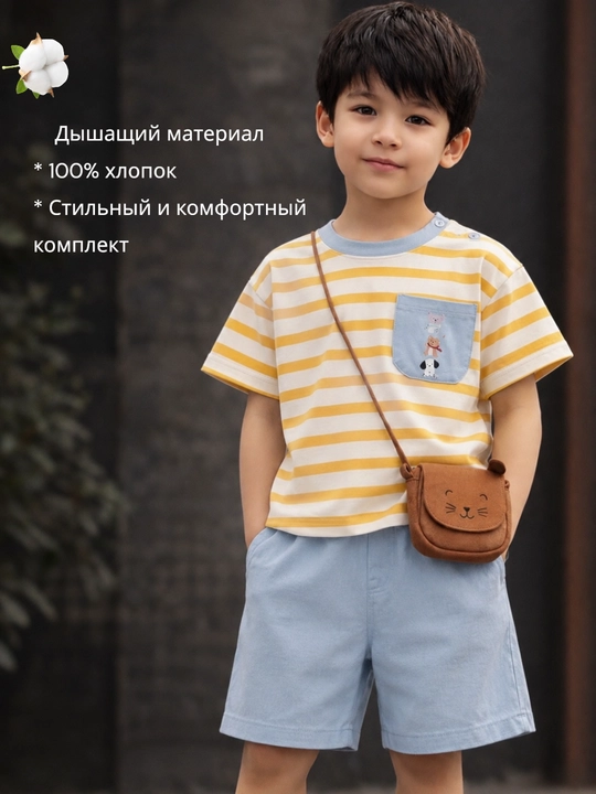 Детская одежда, летний комплект из футболки и шорт, 100% хлопок - 